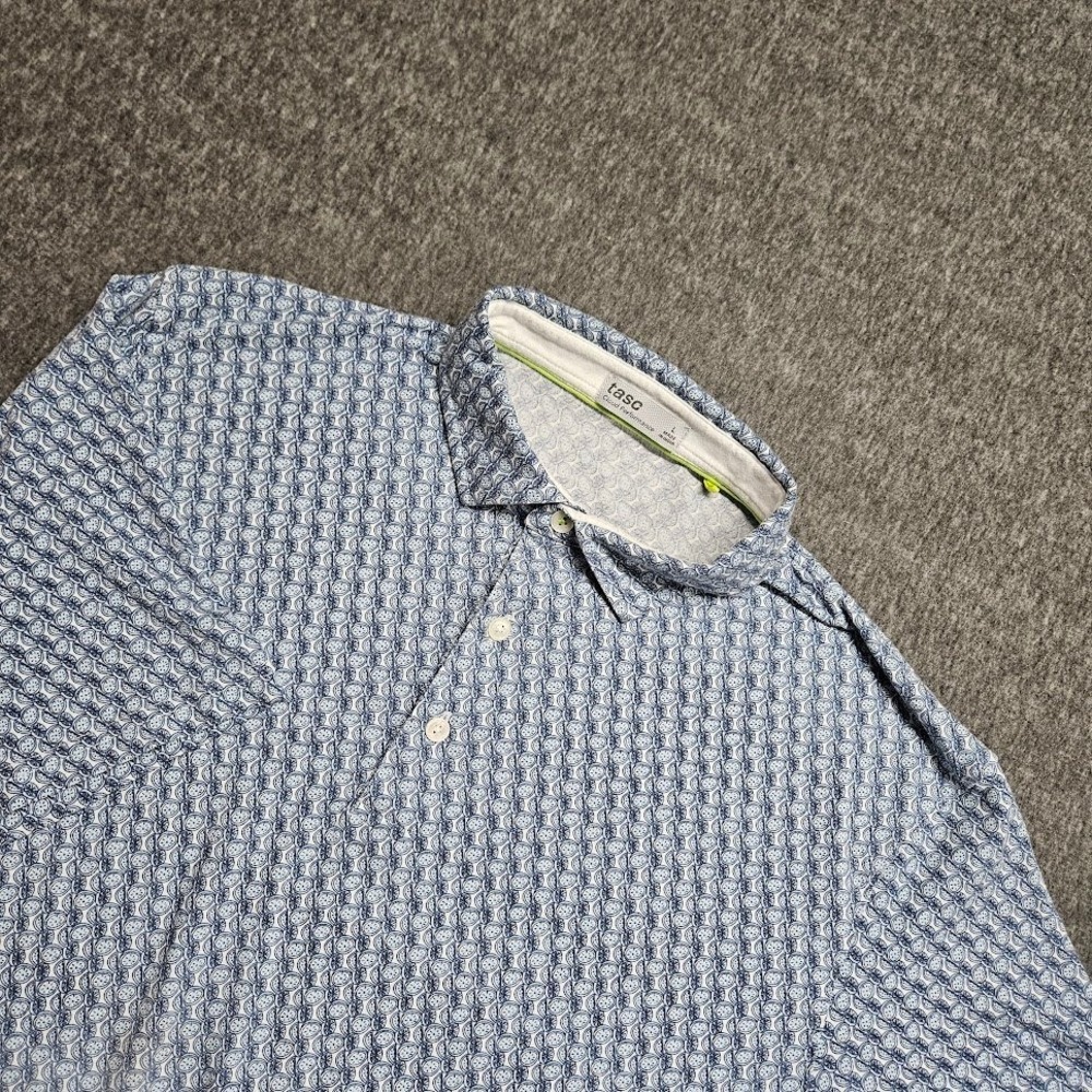 Tasc Performance Polo Shirt Mens L Blue Geometric Cloud Performance Fruit Slices